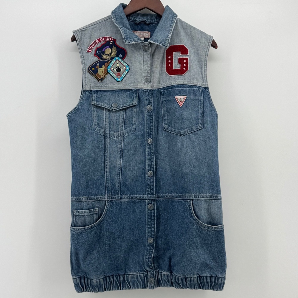 Guess Jeans Vintage‎ Denim Vest Dress Blue Two Tone Patches Longline Small